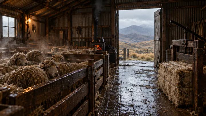 Interior of a corrugated-iron shearing shed on a rainy day, with wet merino sheep in pens, a wool press and a smoking coal range.