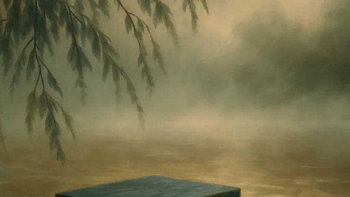 A small weathered wooden box resting on river stones beside a forget-me-not, willows and morning mist above the water.