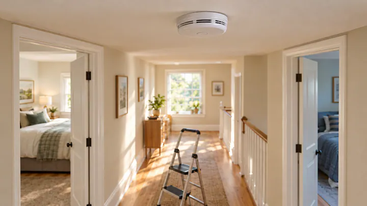 A white smoke alarm mounted on the ceiling of a sunlit upstairs hallway outside open bedroom doors, with a stepladder below