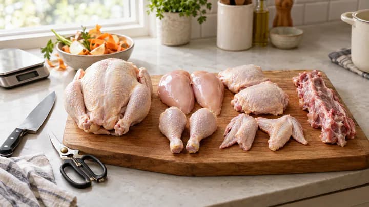 A raw whole chicken next to its separated breasts, thighs, drumsticks and wings on a cutting board with a knife, shears and kitchen scale