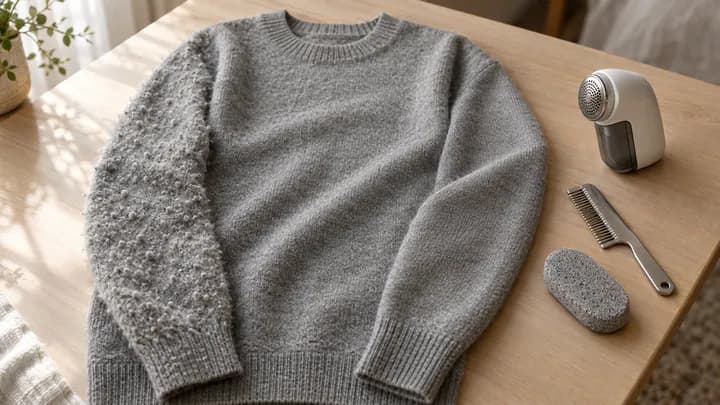 A gray knit sweater on a wooden table with one pilled sleeve and one smooth sleeve, next to a fabric comb, sweater stone and fabric shaver