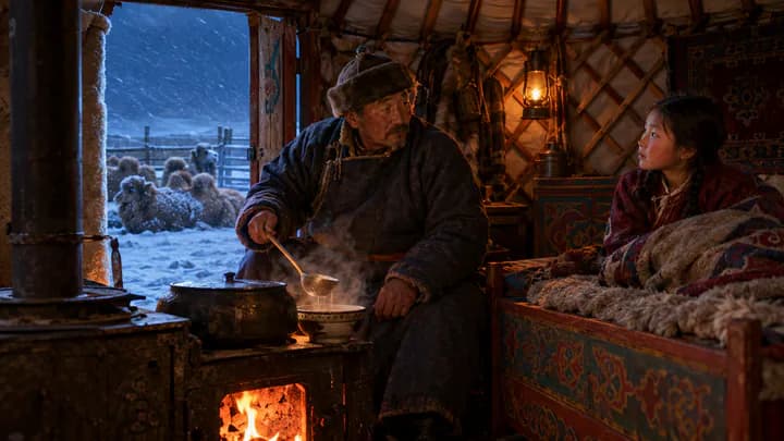 An old herder and his granddaughter inside a ger by a glowing stove, with Bactrian camels resting in snow outside the door.