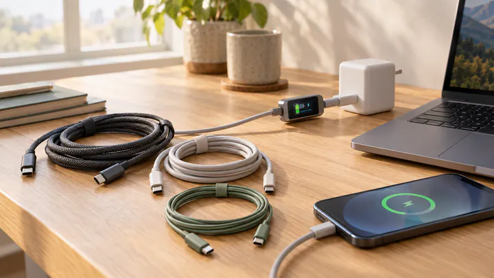 Assorted USB-C cables, a wall charger, a laptop and a smartphone on a wooden desk with a small inline power meter between cable and charger