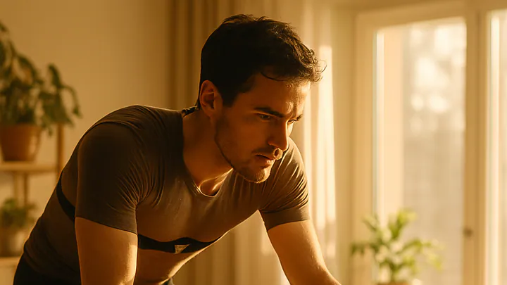 A person cycling on an indoor trainer at home wearing a heart rate monitor, bathed in warm morning light through large windows.